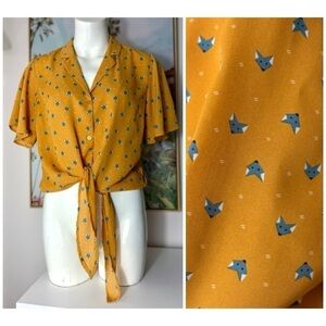 Monteau LA Yellow Gray Fox Icon Button Front Tie Waist Shirt Blouse Size Large